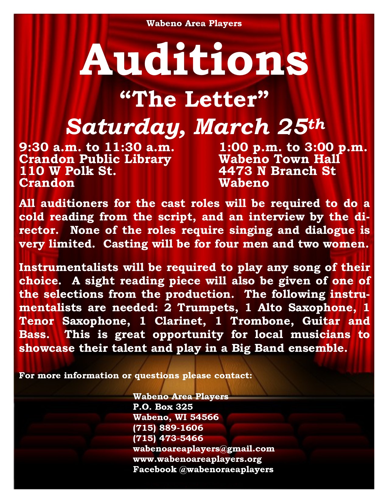 Wabeno Area Players is looking for a band and cast for “The Letter