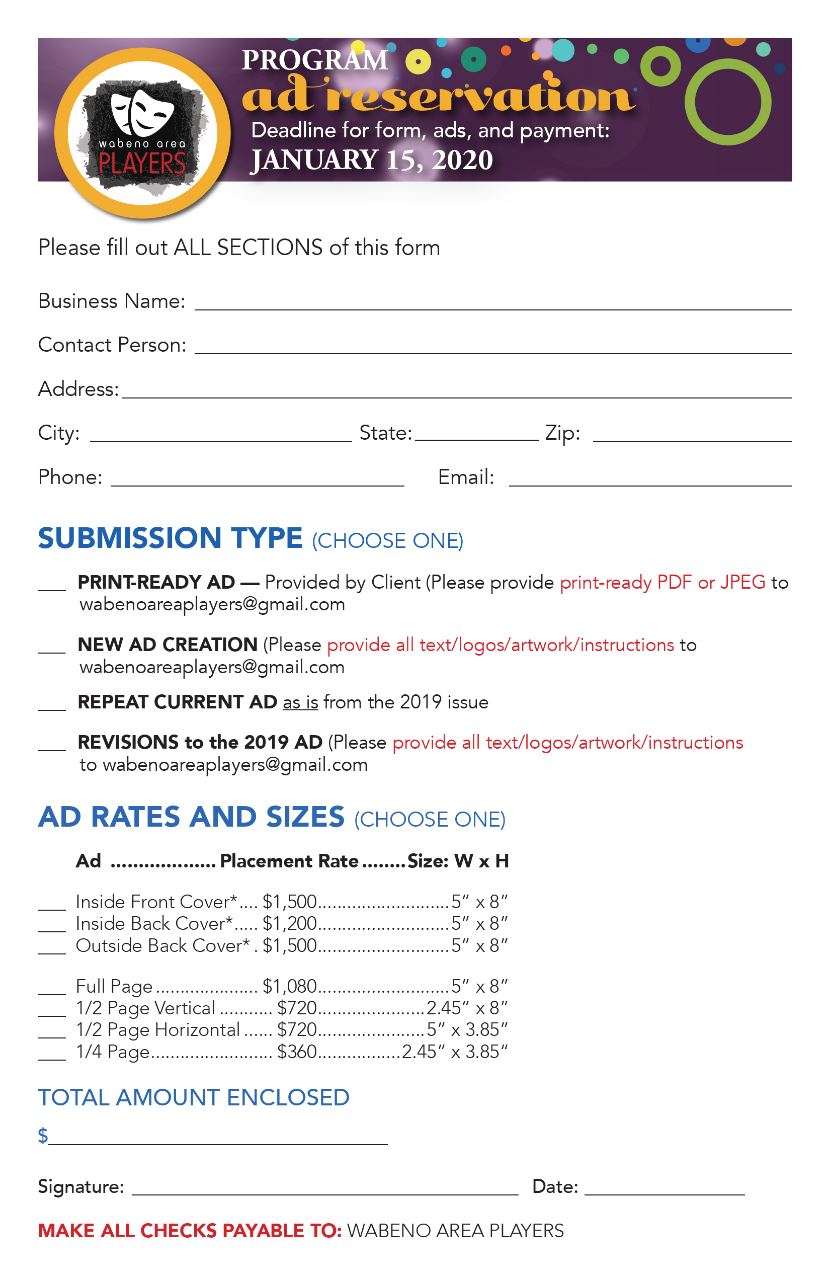 2020 Ad Reservation Form due January 15, 2020 Wabeno Area Players